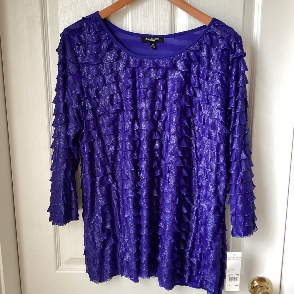 NOTATIONS: blue with silver sparkle ruffle top. Size 2X.
